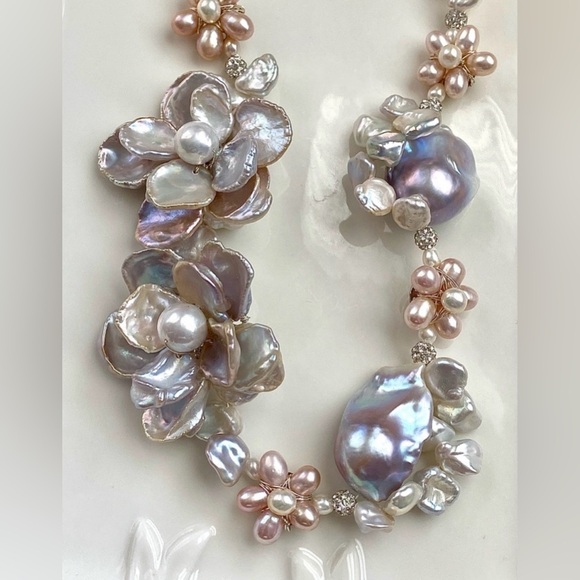 N290-Premium RARE Natural Blue Petal Pearl Blue Flameball Pearl Flower Necklace - Picture 11 of 16